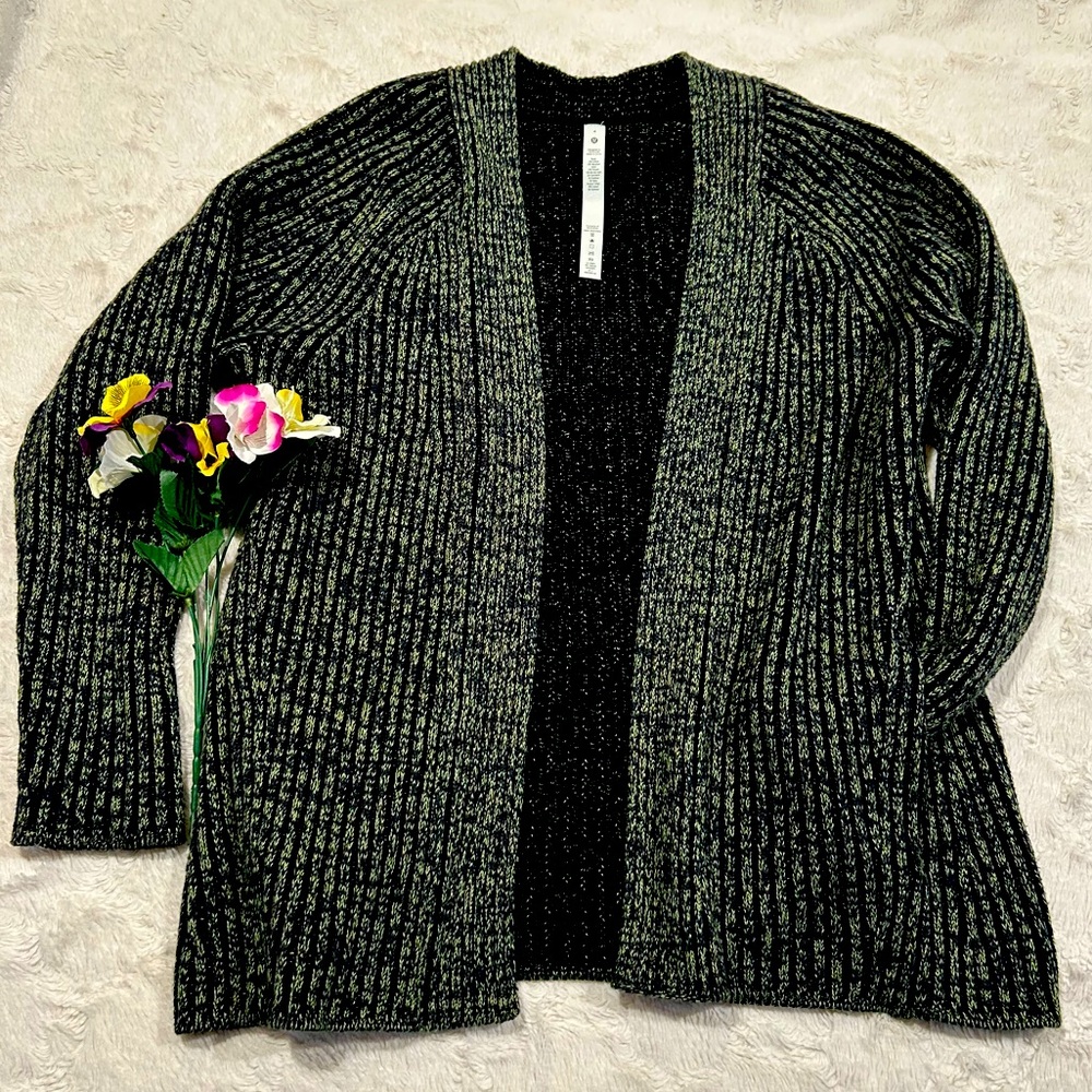 Lululemon Olive & Black Heavy Cotton-Wool-Cashmere-Blend Sweater Cardigan Wrap